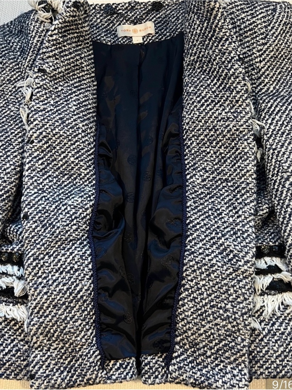 Tory Burch Rosemary Tweed Jacket
Size 10 Navy Blue Fringe
Sequin Crop Blazer - Picture 3 of 5